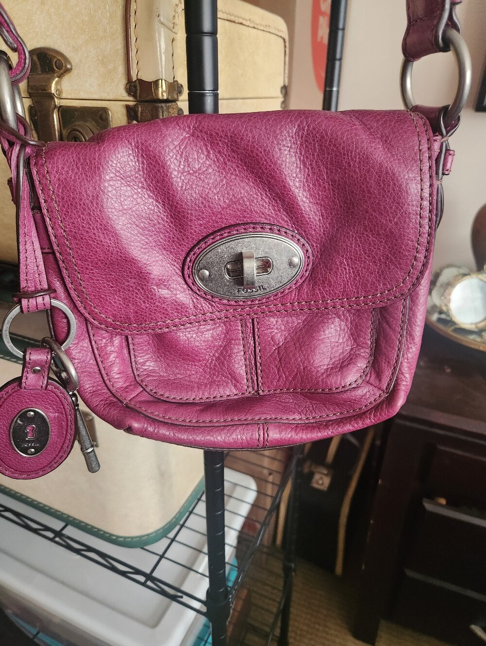 Fossil Purple Leather Turn-Lock Crossbody Bag